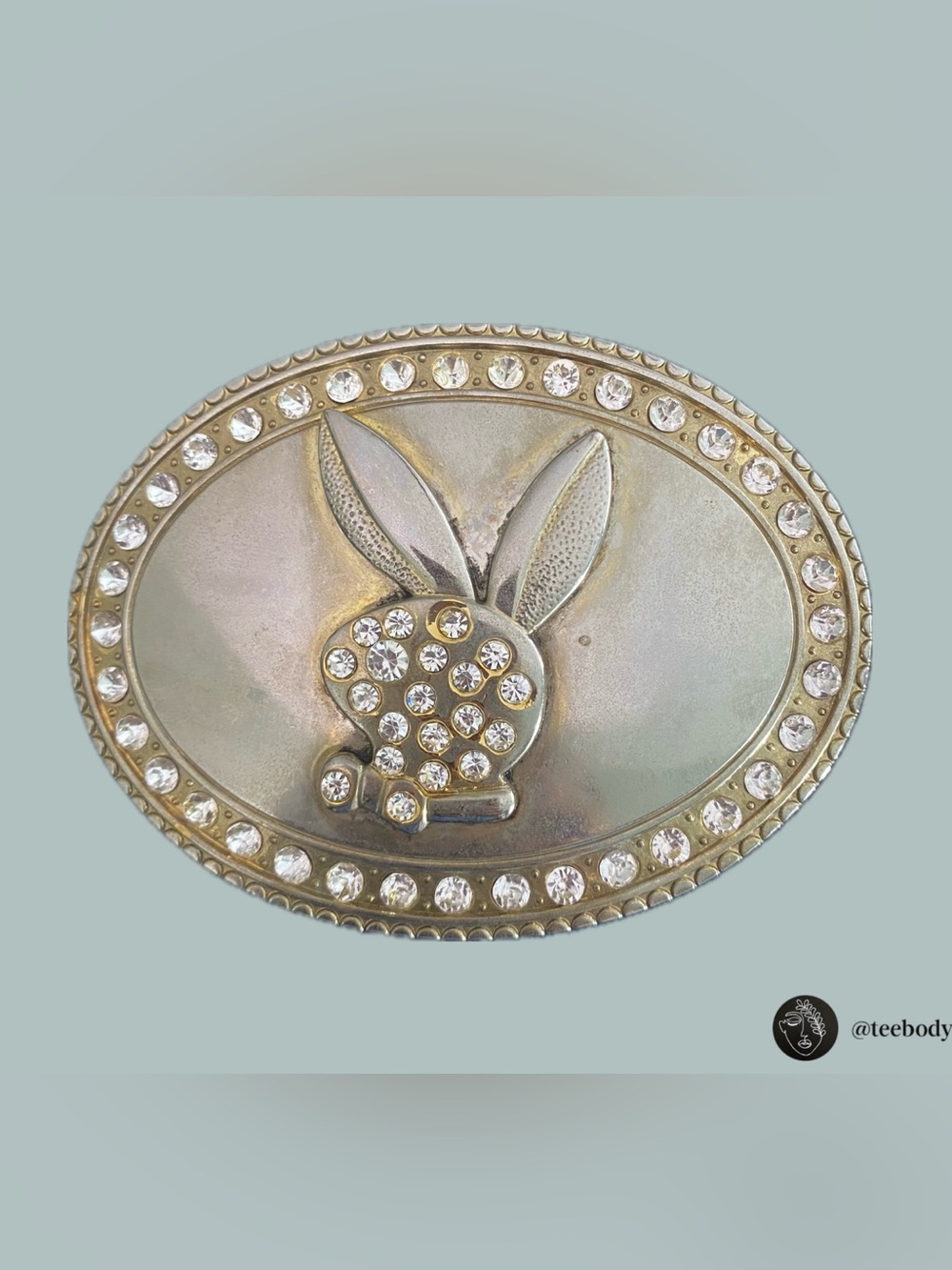 Vintage Y2K Playboy Bunny Rhinestone Oval Belt Buckle Silver Statement Bling
